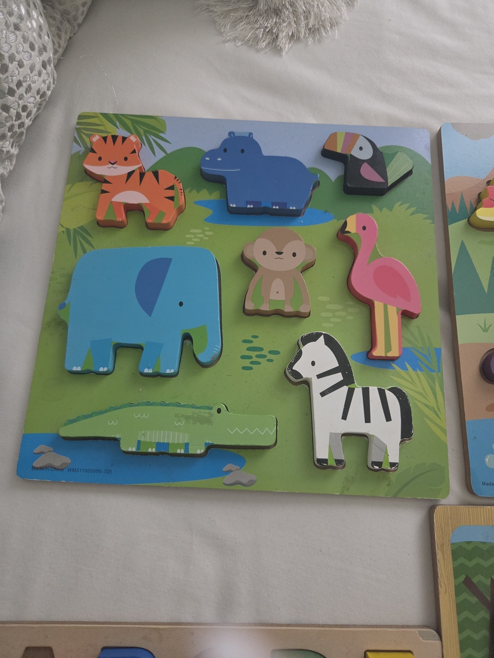 Wooden Jungle Animal Puzzle - Blue/Green/ Pink Pieces - Set Of 2